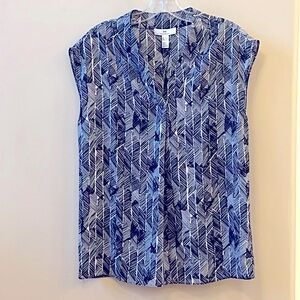 Halston blouse shirt black white vneck cap sleeve front pleat drape geometric XS